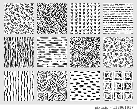Geometric seamless hand drawn patterns with scribble lines, swirls, hearts, dashes, zigzags, waves and squares, black and white abstract vector set for textile, wallpaper and print 138961917
