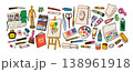 Art supplies tools colorful set for artist painting and drawing, vector hand drawn brushes, easel, palette, sketchbook, paint tubes, ink bottle, pencils, scissors and roller 138961918