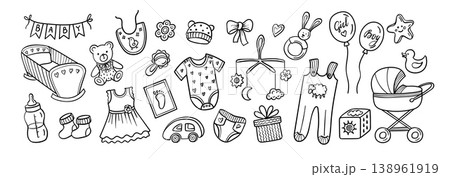 Baby shower doodle icons with newborn girl and boy, cute nursery items, teddy bear, rabbit, cradle, stroller, bottle, socks, dress, bib, balloons and toys, vector outline set 138961919