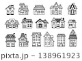 House home doodle buildings and cottages, cute residential architecture with facade, windows, doors, roofs, chimneys and balconies, hand drawn black and white vector set of homes and villas 138961923