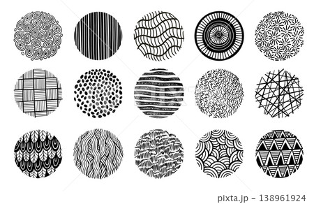 Pattern texture circle doodle patterns with circular geometric ornamental motifs, hand drawn abstract round elements, stripes, lines, dots, waves and mosaic in black monochrome vector Pattern texture circle doodle patterns with circular geometric ornamental motifs, hand drawn abstract round elements, stripes, lines, dots, waves and mosaic in black monochrome vector 138961924