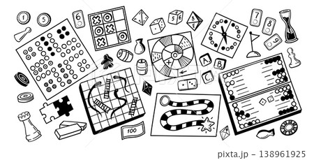 Board game doodle vector set with tabletop strategy and family leisure games, dice, chips, pawn, domino, puzzle, tic tac toe, snake and ladder, spinner, hourglass and backgammon outline 138961925