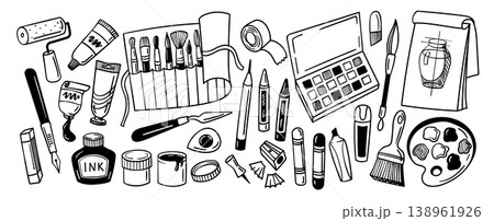 Art tools doodle supplies for painting drawing and sketching, artist studio brushes palette pencil crayon marker pen fountain ink bottle tube roller knife sharpener, black and white vector outline 138961926