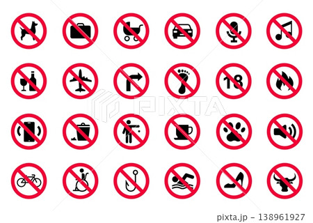 Prohibition icons, red slash signs, forbidden pets luggage alcohol fire noise swimming bicycle. Safety rules pictograms, public place signage, hotel airport restaurant. Isolated vector set 138961927