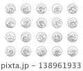 Japanese sea wave circle badges. Ocean waves tattoo graphic, logo or emblem. Fresh water splashes marine decoration, hand drawn wavy pattern. Vintage nautical oriental stickers. Vector isolated set 138961933