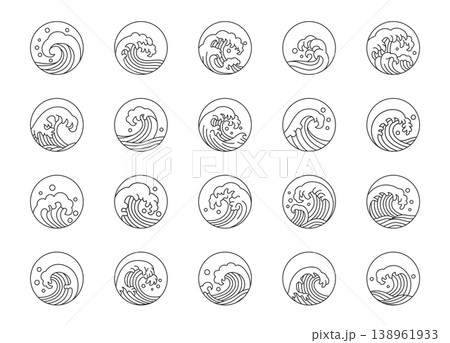Japanese sea wave circle badges. Ocean waves tattoo graphic, logo or emblem. Fresh water splashes marine decoration, hand drawn wavy pattern. Vintage nautical oriental stickers. Vector isolated set 138961933