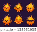 Fire mascot. Cute cartoon flame character with funny face, cheerful blaze kawaii emoji, thumbs up, love and happy, meditation expression. Power, burning and energy, heat vector isolated emoticon 138961935