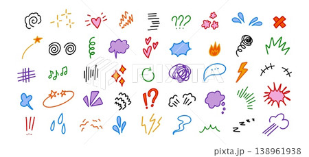 Bubble exclamation expression color icons. Cute marks and kawaii doodles for comic design, fun speech effect and emotion or action, sound. Colorful hand drawn accent burst, highlight spark vector set 138961938