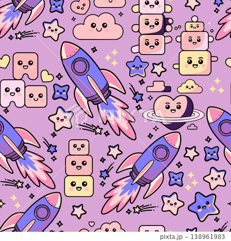 Adorable seamless space pattern for nursery decor. Features cute rockets and stars in a pastel aesthetic. Perfect for kids apparel and fabric. 138961983
