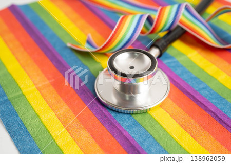 Stethoscope on LGBT rainbow flag, pride month celebrate annual in June social, symbol of gay, lesbian, bisexual, transgender. 138962059