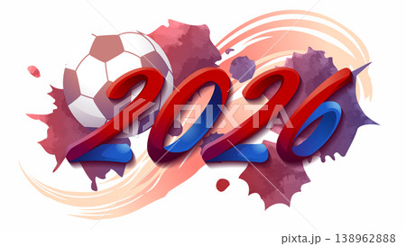 Football vector background with soccer ball and stylish 2026 typography in usa national colors. Abstract red and blue watercolor splashes on white background for tournament posters. 138962888