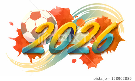Football vector background with soccer ball and stylish 2026 typography in Canada national colors. Abstract yellow, orange and blue watercolor splashes on white background for tournament posters. 138962889