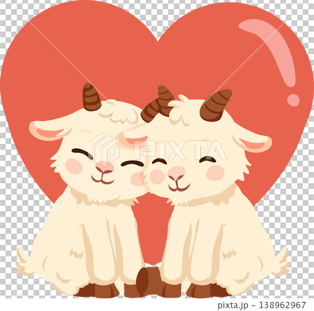 kawaii style baby goats sitting together with a heart shape behind them 138962967