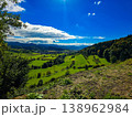 Panoramic view of a small town in a lush green valley at the foot of blue mountains. 138962984
