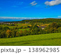 Panoramic view of a small town in a lush green valley at the foot of blue mountains. 138962985