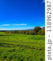 Panoramic view of a small town in a lush green valley at the foot of blue mountains. 138962987