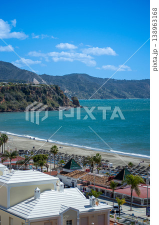 Wonderful landscapes of the shimmering sea and charming city unfold, offering breathtaking coastal views and a picturesque atmosphere in Nerja, Spain 138963168