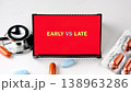 A red sign shows EARLY VS LATE surrounded by medical tools. A silver stethoscope, loose blue and orange pills, and a blister pack rest on a white table 138963286