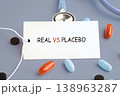 A white tag displays REAL VS PLACEBO surrounded by assorted pills and a blue stethoscope on a grey background. This illustrates clinical trial differences 138963287