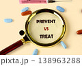 A magnifying glass highlights PREVENT vs TREAT surrounded by various medicine pills and a syringe on a light surface. This represents health choices 138963288