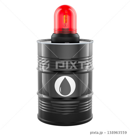 Oil barrel with red warning beacon. Petroleum emergency, supply disruption and energy crisis, concept. 3D rendering 138963559