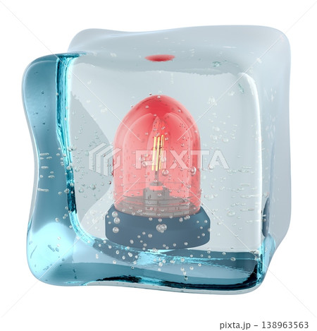Red warning beacon frozen in ice. Frozen alert, delayed response and suspended warning, concept. 3d rendering 138963563
