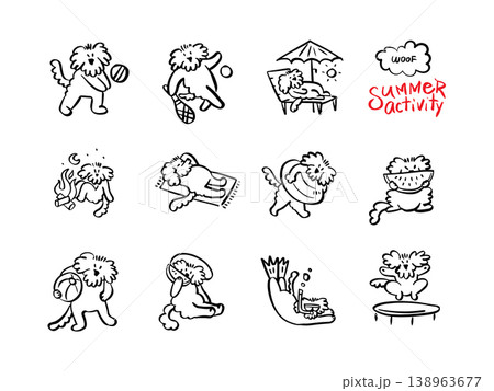 Imperfect hand drawn summer dogs doodle set. Sketchy blue ink puppy characters surfing, diving and floating on inflatables in loose line art on grid paper. Funky freehand animal vector illustration Imperfect hand drawn summer dogs doodle set. Sketchy blue ink puppy characters surfing, diving and floating on inflatables in loose line art on grid paper. Funky freehand animal vector illustration 138963677