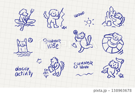 Imperfect blue pen dog doodles on grid notebook. Hand drawn summer activity set with sketchy puppy characters, lettering and simple line art icons. Relaxed freehand animal vector illustration 138963678