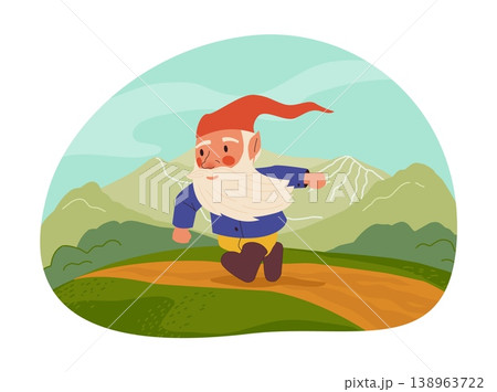 Cute gnomes. Cartoon fairy tale dwarves. Senior fabulous little character walking along countryside road. Mythology leprechaun in nature. Midget on hills. Vector fantasy bearded man in cap 138963722