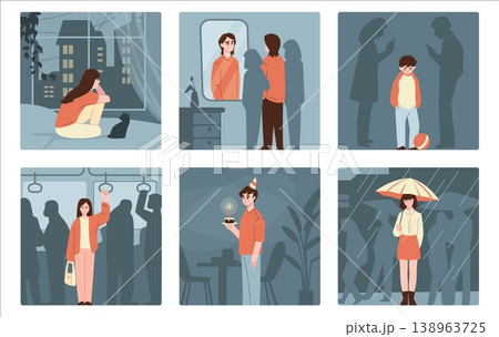 Mental health. Sad teen girl alone, lonely fear person stress. Abuse or loneliness problem, woman emotions. Social isolation introvert people. Child support vector cartoon illustration 138963725