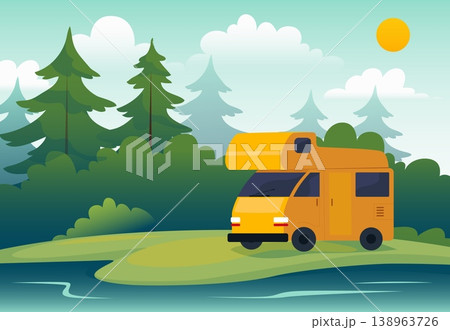 Caravan camper. Outdoor recreation on forest lake. Motorhome in forest. Road adventures, summer travel freedom in wild nature, transport for tourism. Vector cartoon isolated illustration 138963726