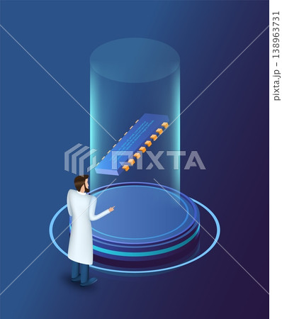 Digital data computing. Isometric 3D microchip on stand. Scientist in suit working with computer chip. Electronic equipment. Information processor. Cyber intelligence. Vector concept 138963731