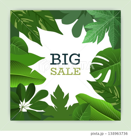 Big sale. Tropical leaves frame. Exotic jungle plants border for social media post, palm leaf square design advertising. Discount special offer. Seasonal vector isolated illustration template 138963736