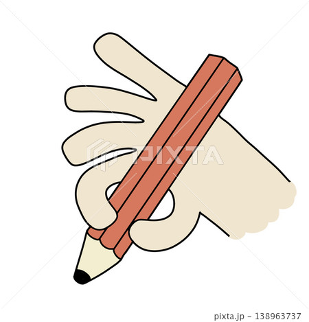 Hand holding pencil, doodle artist work tool colorful sketch. Human palm with red pencil, creative drawing sign, designer education stationery symbol. Artist hand drawing 138963737