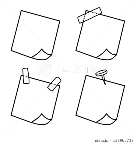 Note paper set, sticky memo page sticker doodle line art. Blank message reminder with tape and pin, office post note board, notice paper element black outline. Sticky note collection 138963738