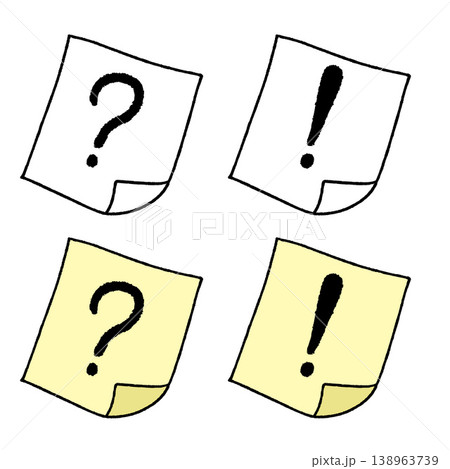 Sticky note set, paper memo with question mark and exclamation point doodle. Office stationary reminder collection, yellow white list post note icon, business message task notice. Sticky note Sticky note set, paper memo with question mark and exclamation point doodle. Office stationary reminder collection, yellow white list post note icon, business message task notice. Sticky note 138963739