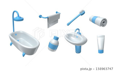 3d clean tools. Toothbrush teeth hygiene sanitary products, shower or bath toiletries, brush, sink with faucet, cleanliness and home care. Vector render cute cartoon household elements set 138963747