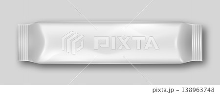 3D package. Snack pouch. Chocolate bar pack mockup. Plastic packet for wafer or biscuit. Realistic blank candy packaging. White wrapper. Isolated product container. Vector foil box object 138963748