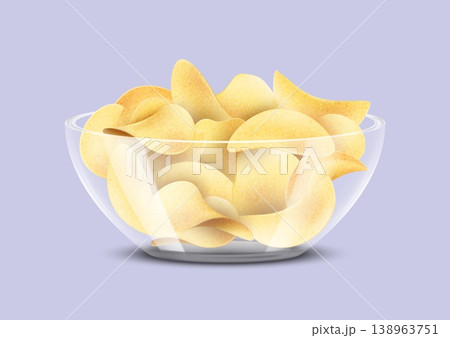 3D chips. Potato crisp snack heap. Crunchy golden slices glass bowl. Crinkle junk food dish. Fried delicious pieces. Spicy appetizer plate. Unhealthy fastfood. Vector realistic object 3D chips. Potato crisp snack heap. Crunchy golden slices glass bowl. Crinkle junk food dish. Fried delicious pieces. Spicy appetizer plate. Unhealthy fastfood. Vector realistic object 138963751