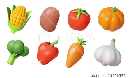 3d vegetables. Fruit food icon, healthy tomato and corn ingredient of farm agriculture. Diet plant cooking on kitchen. Cute carrot, pumpkin and farm broccoli. Vector cartoon glossy vegan set 3d vegetables. Fruit food icon, healthy tomato and corn ingredient of farm agriculture. Diet plant cooking on kitchen. Cute carrot, pumpkin and farm broccoli. Vector cartoon glossy vegan set 138963754