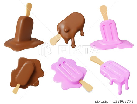Ice cream melt. Top view of popsicle drip, icecream spill or stick. Summer chocolate food art. 3D glossy render of chocolate and berry dessert various dripping stages. Vector cartoon set Ice cream melt. Top view of popsicle drip, icecream spill or stick. Summer chocolate food art. 3D glossy render of chocolate and berry dessert various dripping stages. Vector cartoon set 138963773