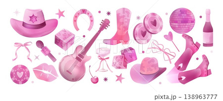 Disco cowgirl set. Pink watercolor party stickers, western girly boots or vintage ball and drink. Bachelorette in Vegas. Guitar festive music isolated decorative elements. Vector print Disco cowgirl set. Pink watercolor party stickers, western girly boots or vintage ball and drink. Bachelorette in Vegas. Guitar festive music isolated decorative elements. Vector print 138963777