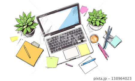 Creative working desk flat lay illustrating remote work 138964023