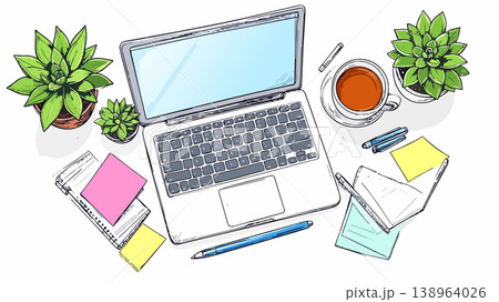Working desk with laptop, plants, and coffee cup 138964026