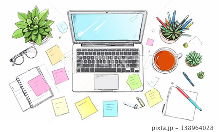 Hand drawn productive workspace with laptop and office elements 138964028