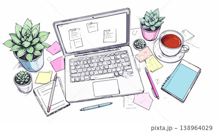 Working desk with laptop, plants, and tea Working desk with laptop, plants, and tea 138964029