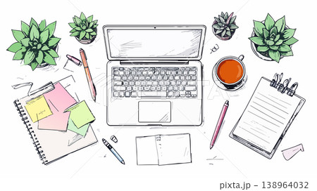 Creative workspace flat lay with laptop and plants 138964032