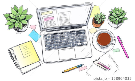 Creative workspace flat lay with laptop and plants 138964033