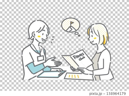 A fitness club instructor giving a membership explanation to a woman listening to him - a simple and stylish line drawing illustration. 138964179