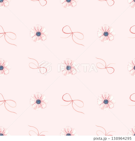 Watercolor pink anemone flowers and bows baby girl seamless pattern on a pink background. Perfect for fabric, textile, wrapping paper, wallpaper and baby shower design. Watercolor pink anemone flowers and bows baby girl seamless pattern on a pink background. Perfect for fabric, textile, wrapping paper, wallpaper and baby shower design. 138964295